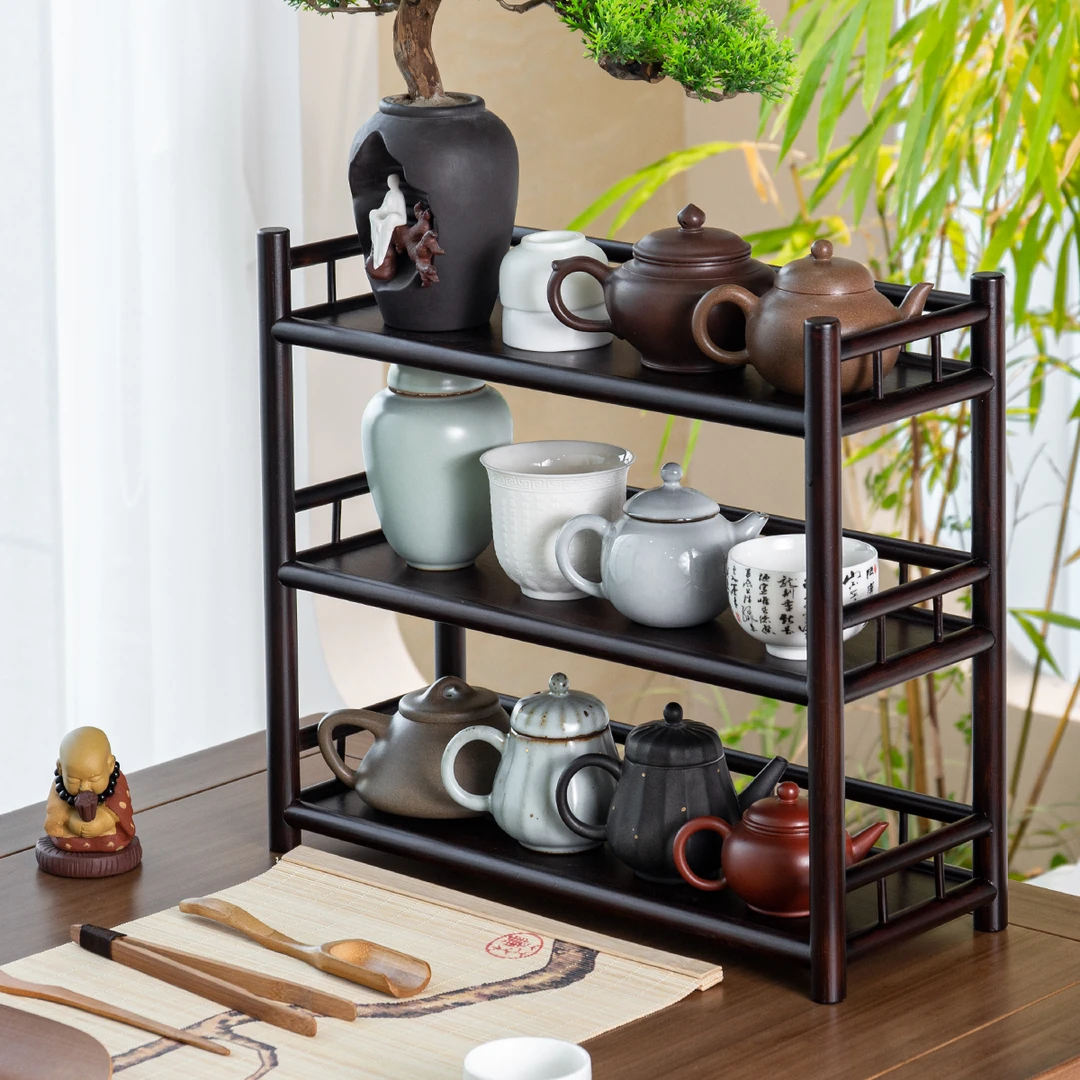 小物居竹制胡桃色三层茶杯架泡茶壶架落苏茶壶茶具桌面家用收纳架