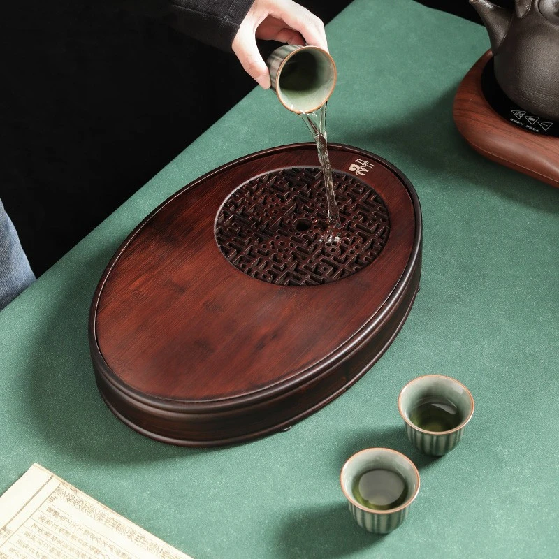 小物居家用仿古椭圆储水茶盘便携式小型沥水竹制圆形茶具托盘复古