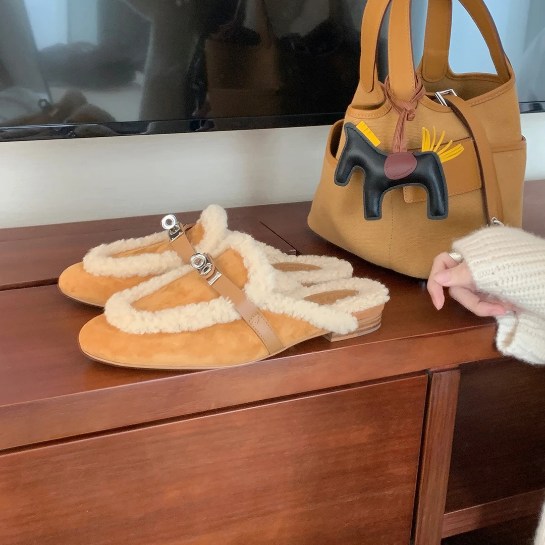 葡萄妈studiolee 百搭舒适圆头锁扣包头单鞋穆勒毛毛半拖鞋女秋冬