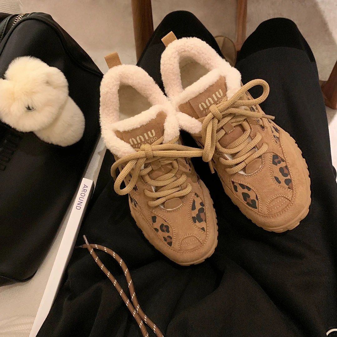 【5折浮力款】葡萄妈studiolee 豹纹系带加绒加厚增高休闲德训鞋冬