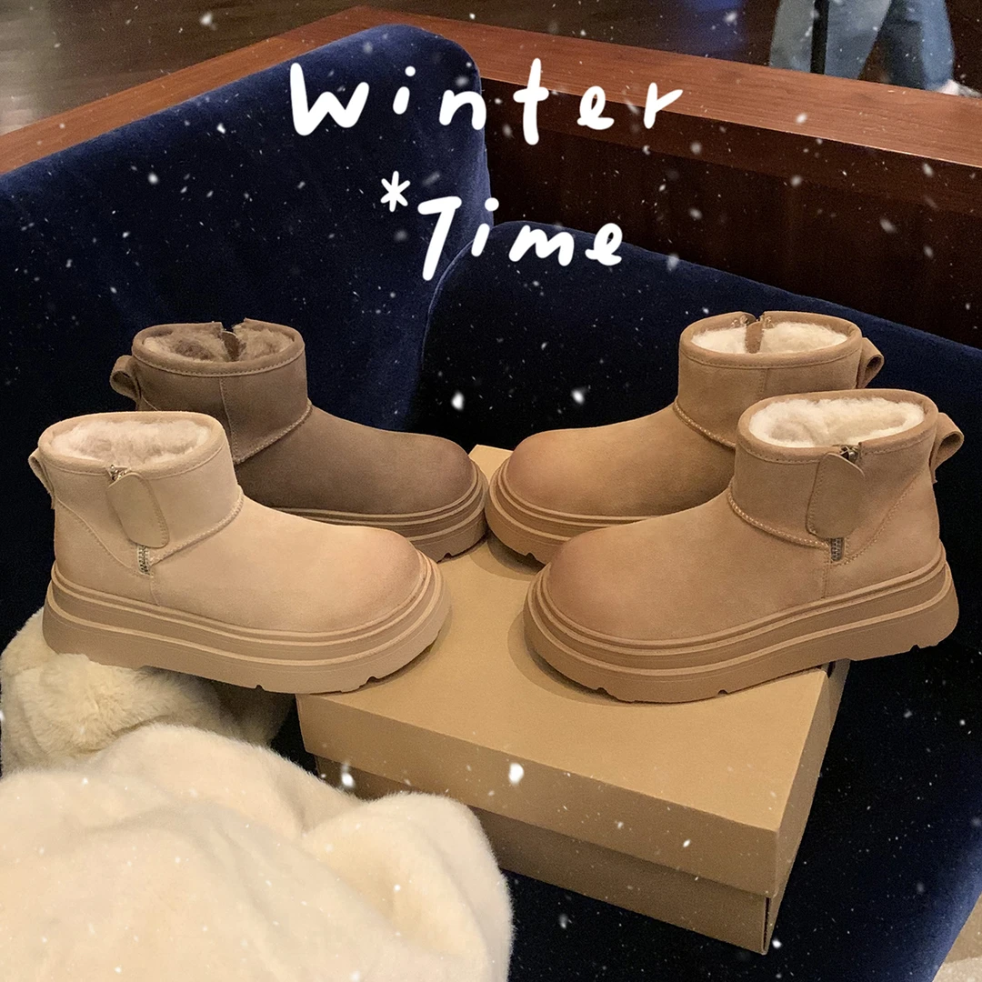 葡萄妈studiolee 羊毛侧拉链增高厚底加绒毛毛雪地靴女冬季棉鞋