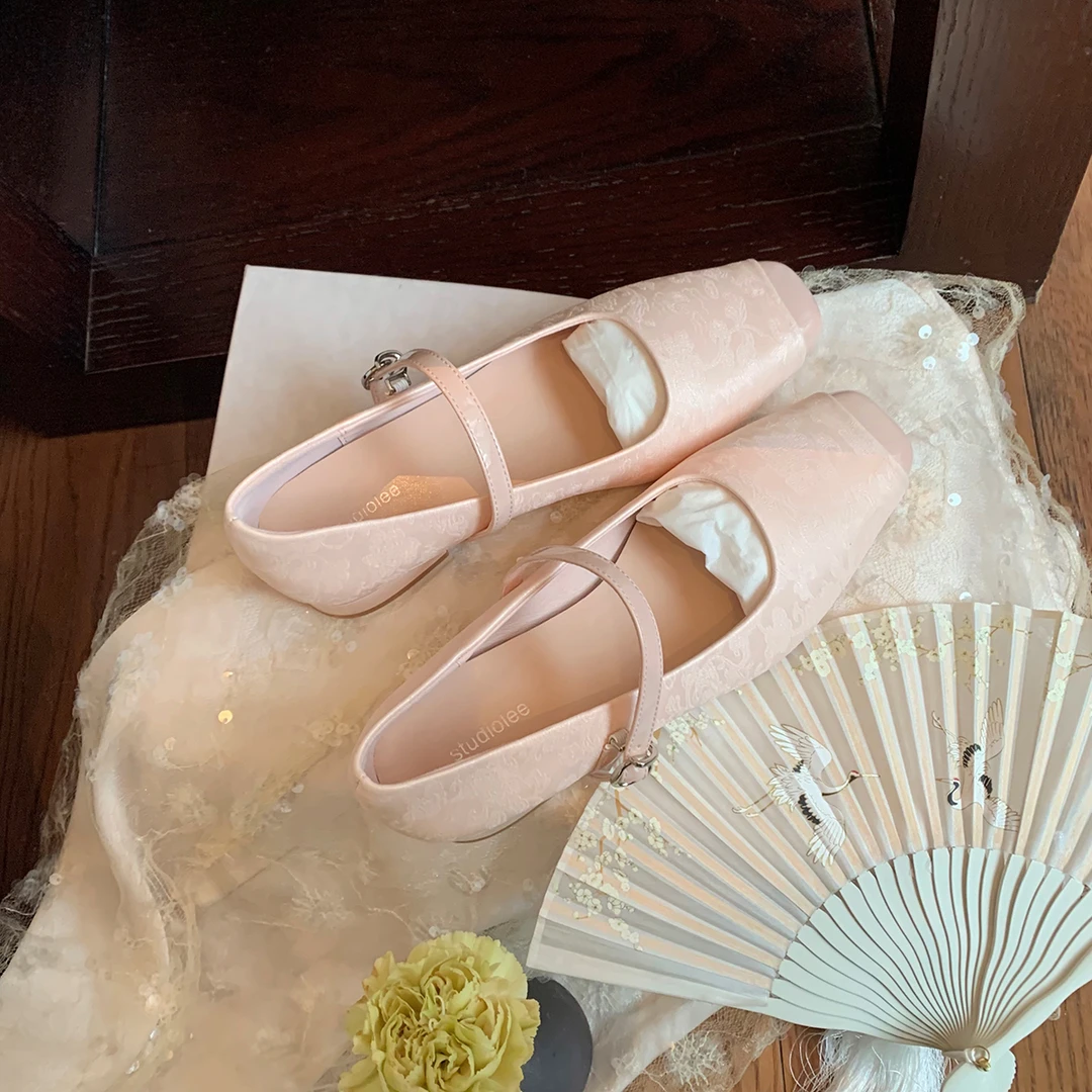 【早上福利款】葡萄妈studiolee  新中式提花拼接一字带玛丽珍鞋女