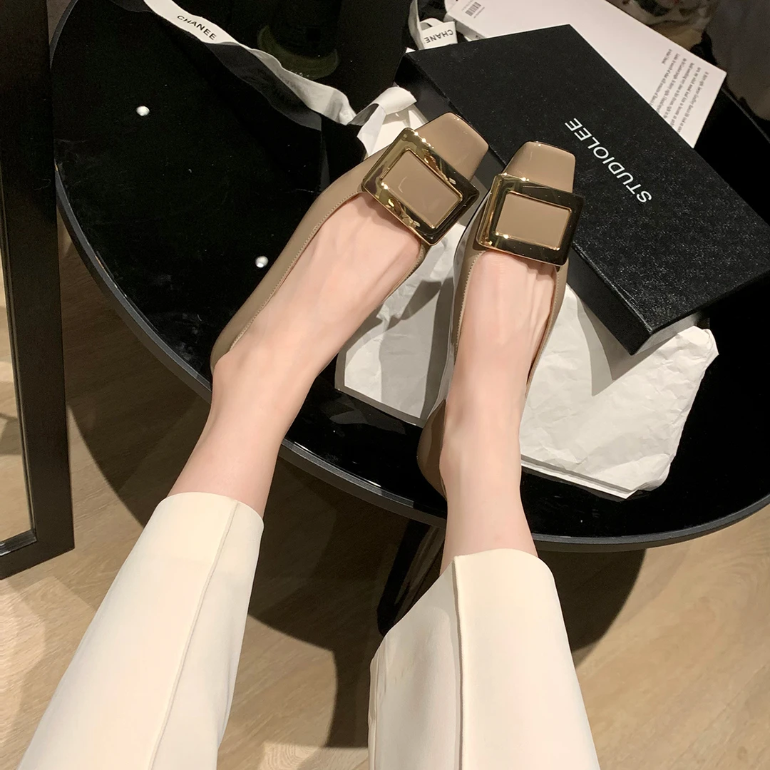 葡萄妈Studiolee法式优雅金属方扣小粗跟浅口方头平底单鞋女春秋