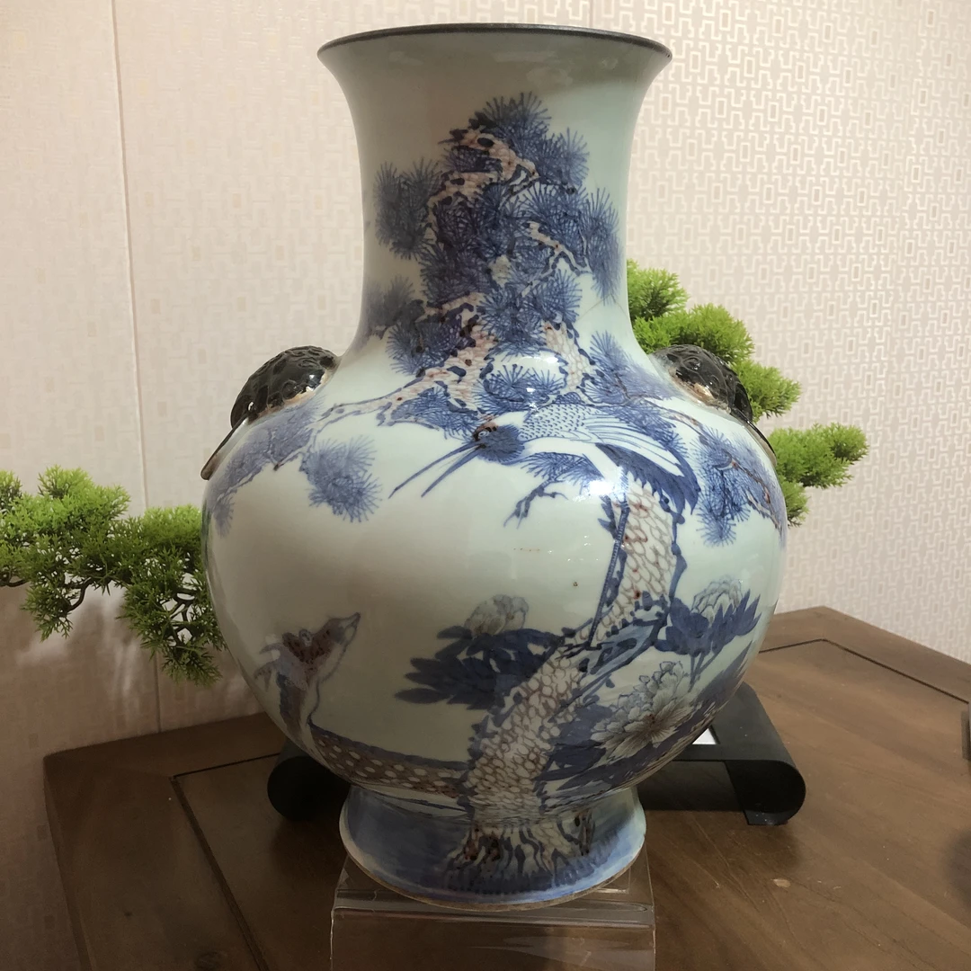 清中期青花釉里红鹤鹿同春象耳尊【古董拍卖】