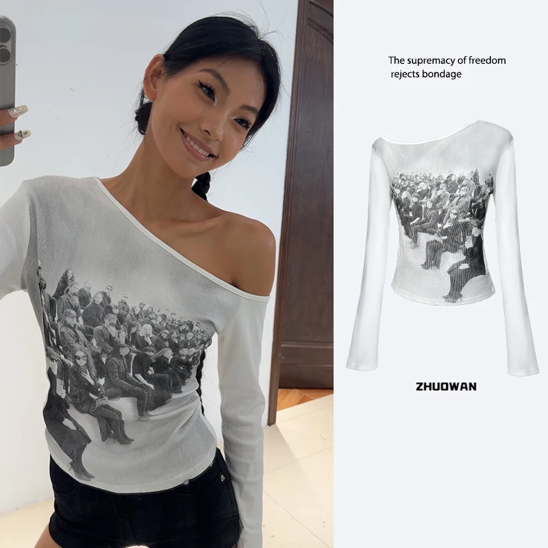 ZHUOWAN 美式斜肩秀场长袖T恤