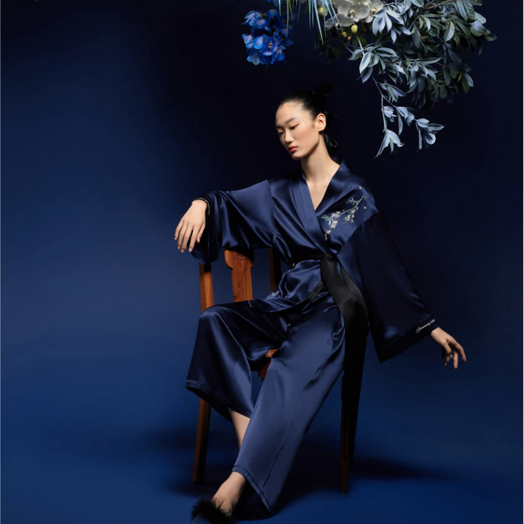 BEAST/野兽派桂花乌龙22姆米真丝短睡袍套装藏青色家居服新中式