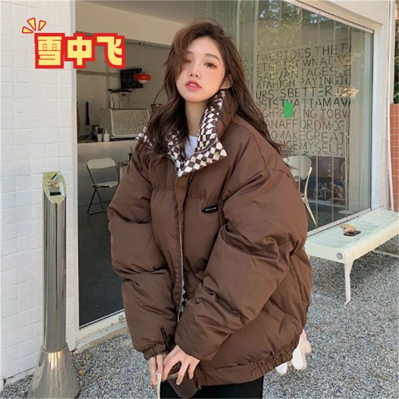 雪中飞棋盘格棉服外套女2023冬季新款森系羽绒面包服ins韩版宽松