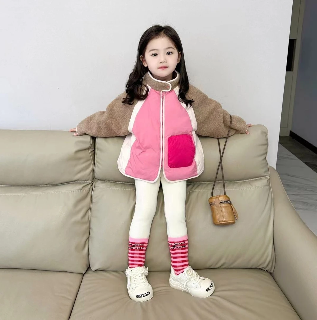 韩国童装女童夹棉外套2023秋冬季新款女中小童拼色羊羔绒保暖棉服
