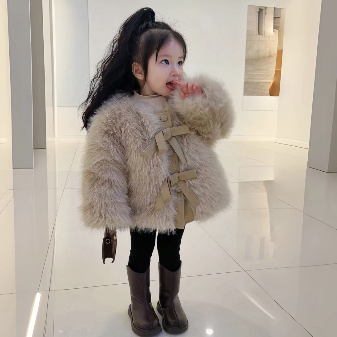 女童秋冬外套2023新款儿童洋气单排扣仿皮草蝴蝶结保暖外套上衣