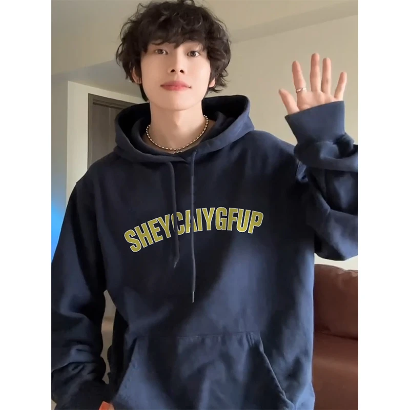 藏青色痞帅高街连帽卫衣男早秋季美式潮牌套头宽松情侣款长袖外套