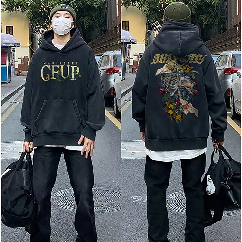 美式复古黑色连帽卫衣男2025新款春秋季潮流衣服oversize重磅外套