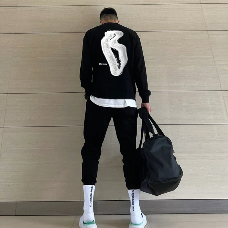 美式创意旋转印花高街圆领卫衣男ins潮牌冬季嘻哈宽松加厚上衣服