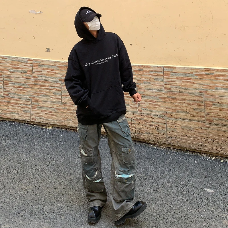 2024新款连帽卫衣男高级感青少年潮牌男装黑色宽松秋季学生外套潮