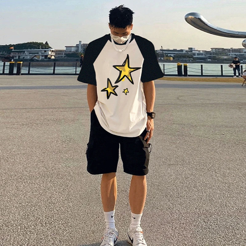 ins国潮美式撞色插肩纯棉短袖T恤男夏季星星高街宽松拼接半袖上衣