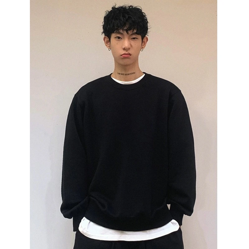 oversize纯棉重磅卫衣男生春秋季美式复古纯色潮牌圆领无帽上衣服