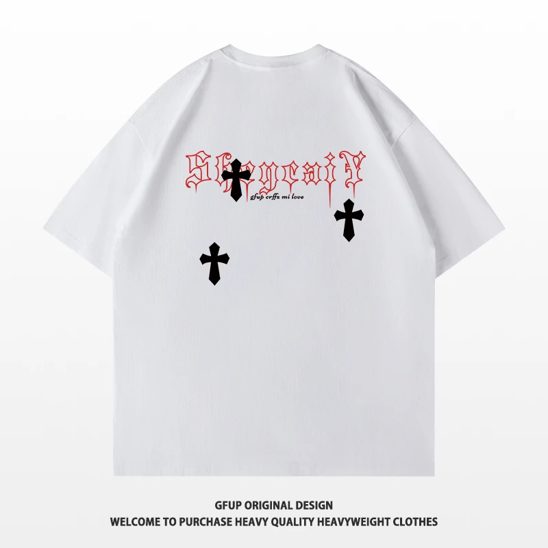 美式潮流十字架设计感小众潮牌男女情侣短袖T恤个性宽松上衣半袖