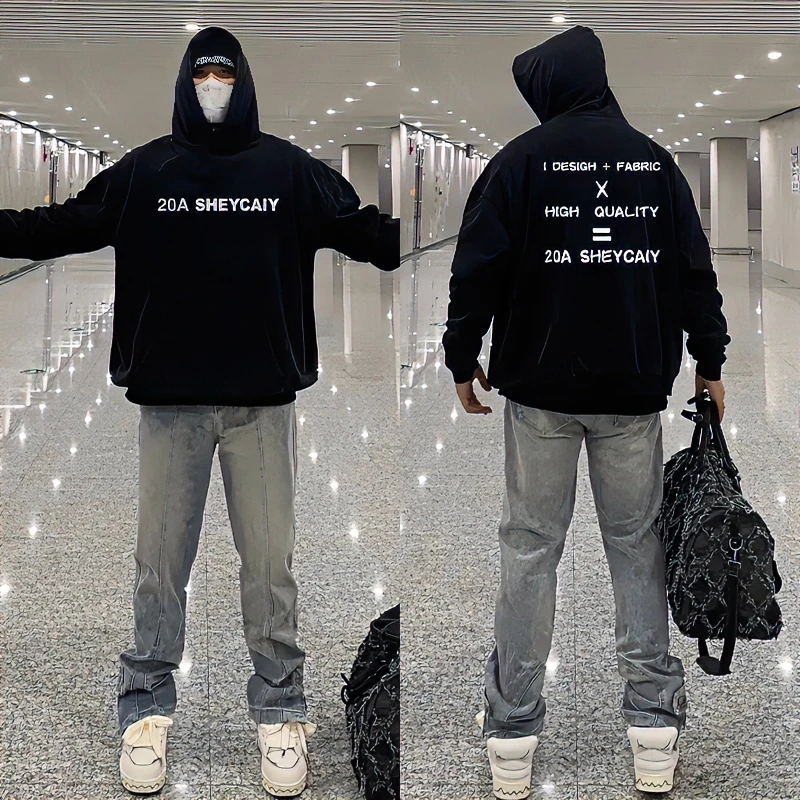 美式复古字母印花卫衣男连帽秋冬加绒加厚ins潮牌街头宽松外套衫