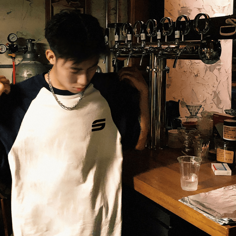 oversize美式高街痞帅字母印花纯棉长袖t恤男ins小众黑白拼接上衣