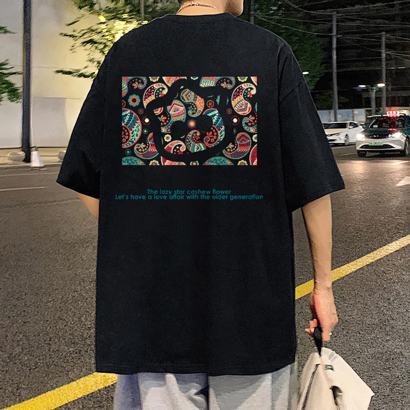 夏季纯棉宽松圆领短袖T恤男潮流腰果印花半袖重磅体恤打底上衣服