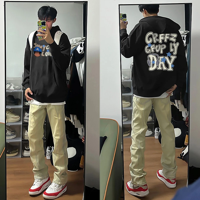 美式创意高街字母印花连帽卫衣男秋冬季潮牌宽松休闲情侣加绒外套