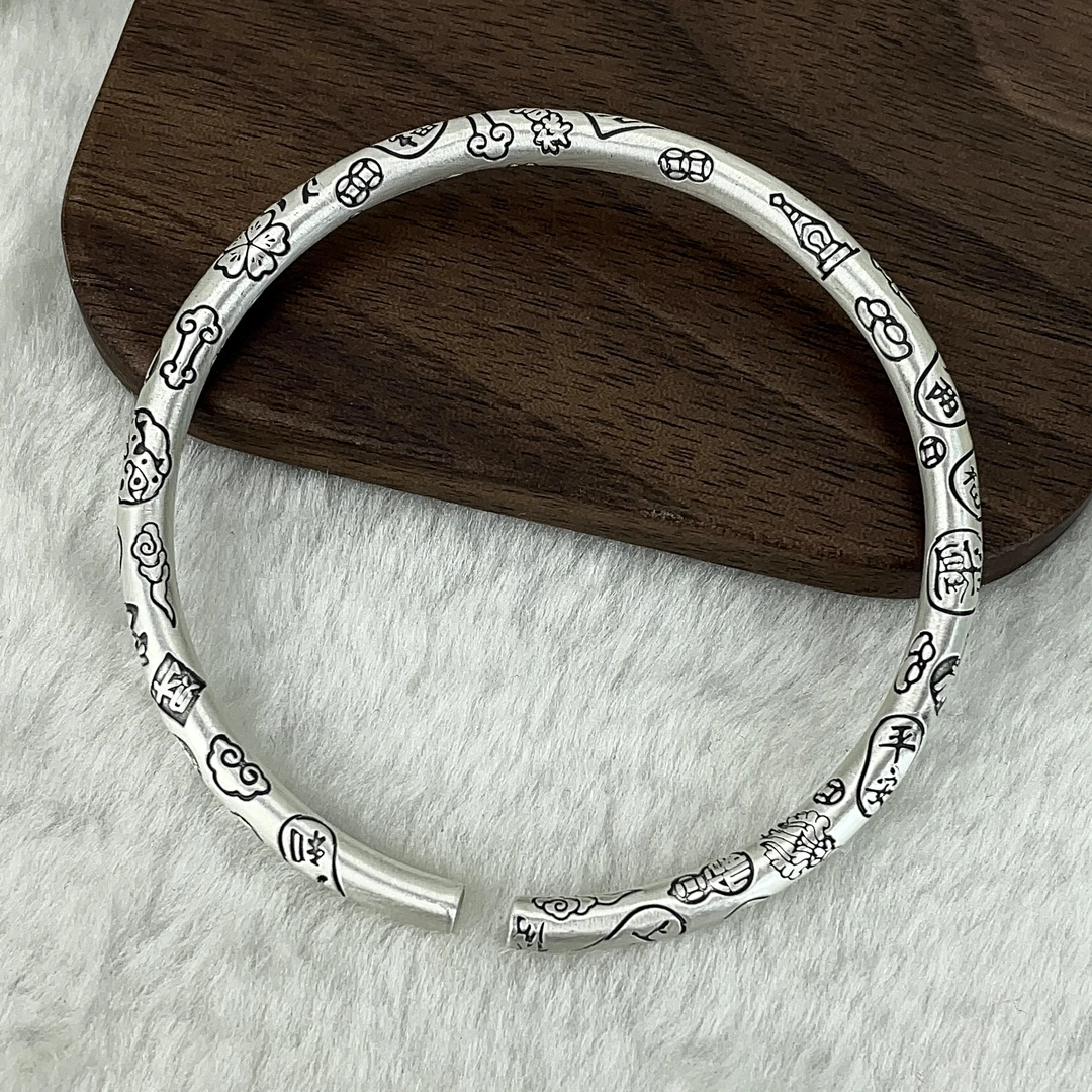 足银手镯 【圆棍吉言】夏季新品足银9999开口古法银镯民族风实心