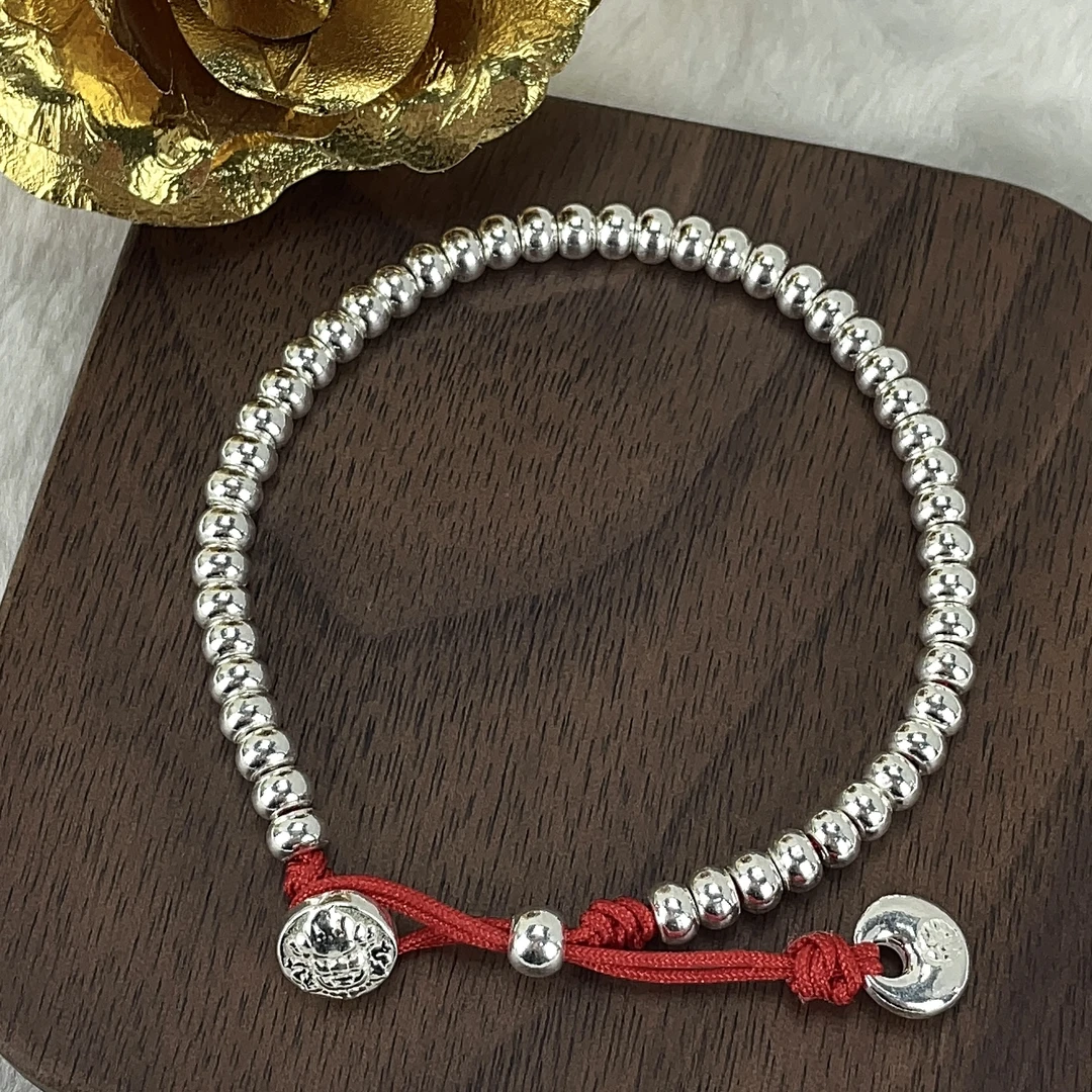 君派 足银手链 【黄财财盘缠】足银9999亮面银珠手链红绳盘缠银
