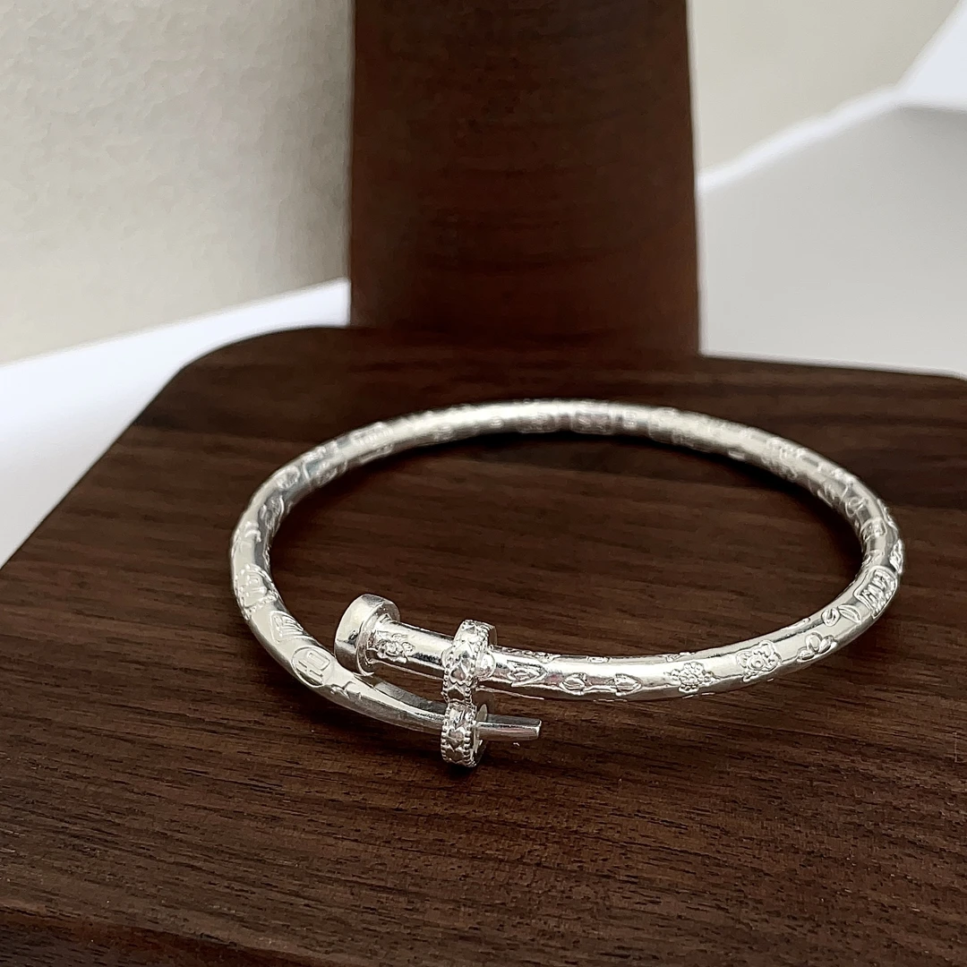 足银手镯 【吉言钉子手镯】亮面开口手工999.9银镯经典复古时尚实心