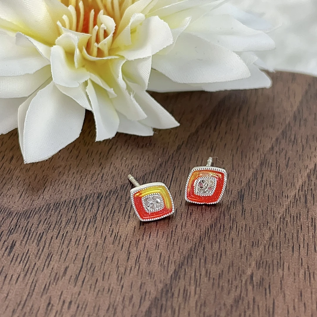 君派 足银耳饰 【渐变马卡龙】足银999直针耳钉迷你方块气质简约