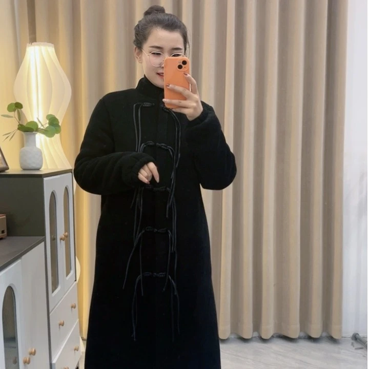 中国风流苏长袍黑色女三层加厚加绒可外穿家居服外套女装冬季长袍