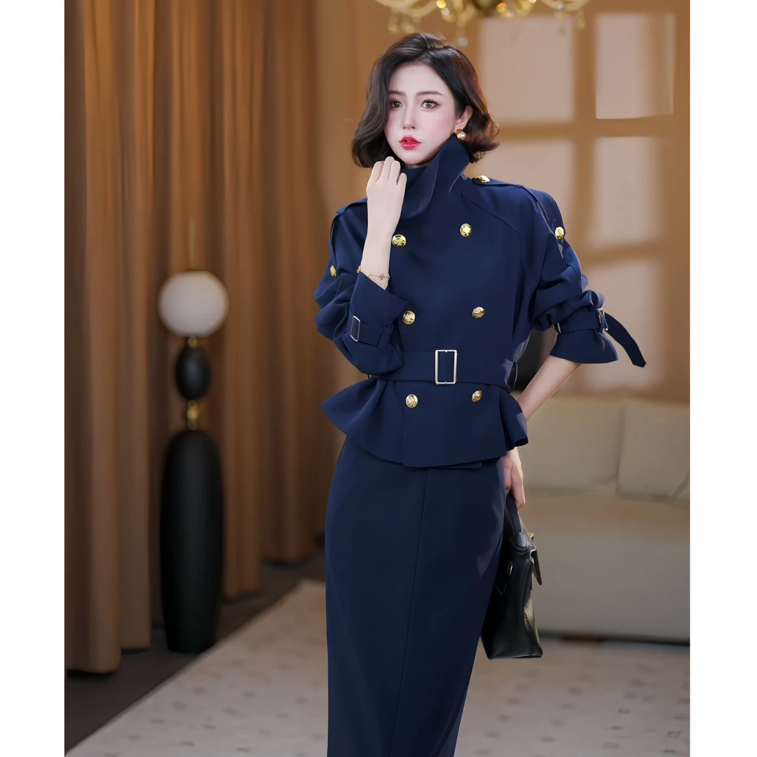 【大晶定制】新款初秋修身收腰百搭高级感藏蓝上衣&半裙套装-DJ0886