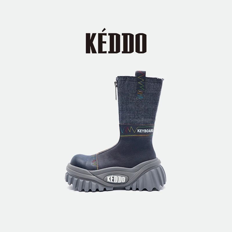 KEDDO“键盘鞋”时尚复古机车短靴厚底增高女鞋百搭通勤琥珀风单靴