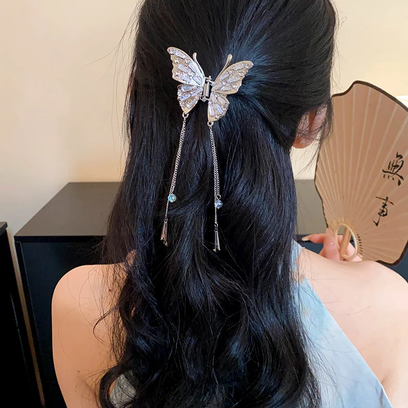 国风蝴蝶流苏抓夹小号发夹女后脑勺半扎发发卡鲨鱼夹高级感发饰