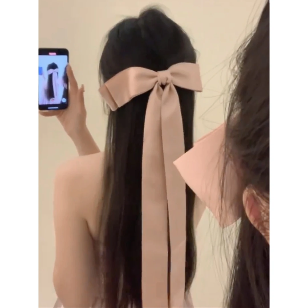 超大飘带粉色蝴蝶结发夹女法式后脑勺顶夹飘带边夹发卡甜美头饰