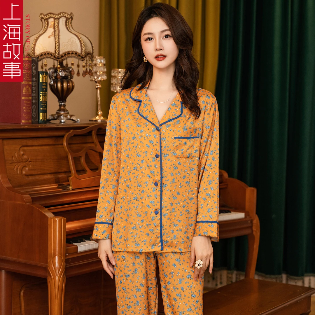 上海故事2024秋冬薄款金桂花女士时尚气质薄款睡衣套装家居服套装