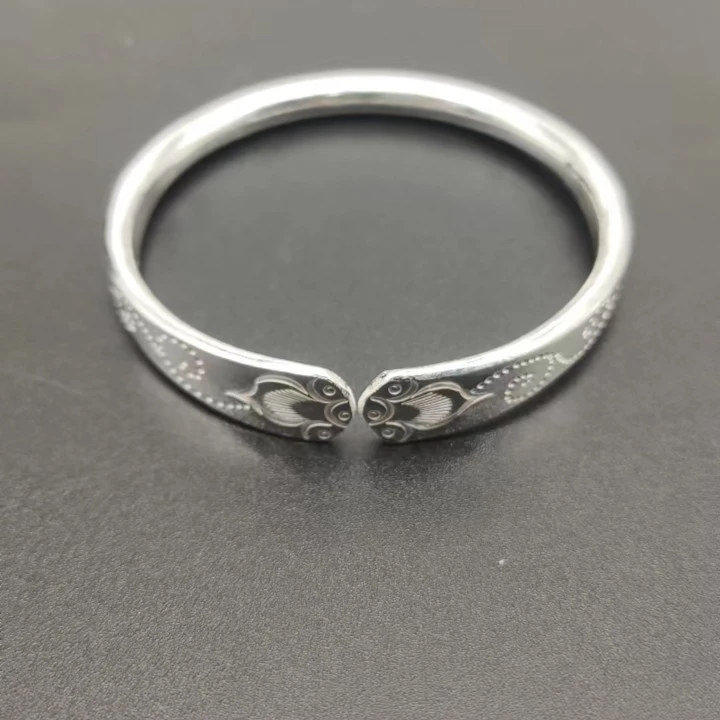 山呷呷 足银手镯 足银999长寿花开口手镯 实心素款时尚民族风雕刻