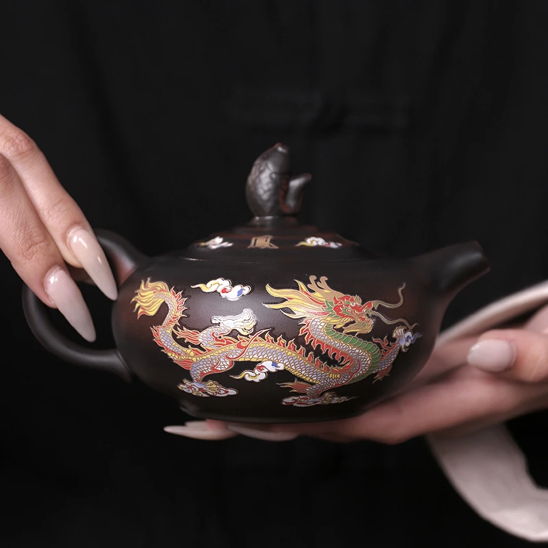 紫陶变色龙凤鱼壶凤鸣壶大容量家用中式纯手工泡茶壶大号紫砂壶S