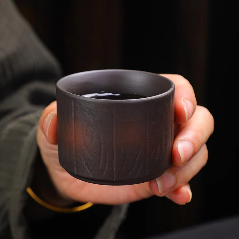 紫陶茶杯个人主人杯功夫泡茶盏杯品茗杯木纹扳指杯2个装