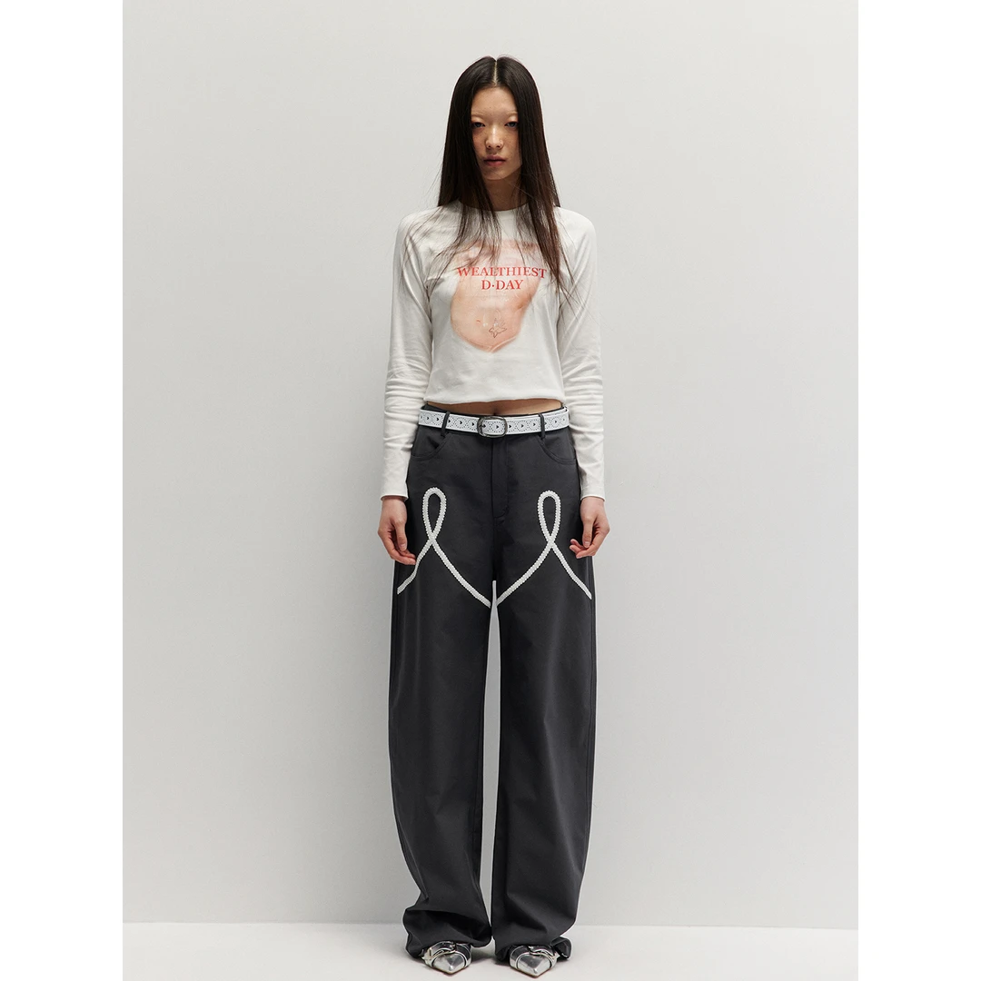 WEALTHIEST DDAY 春季新款宽松时尚织带设计慵懒休闲运动长裤女