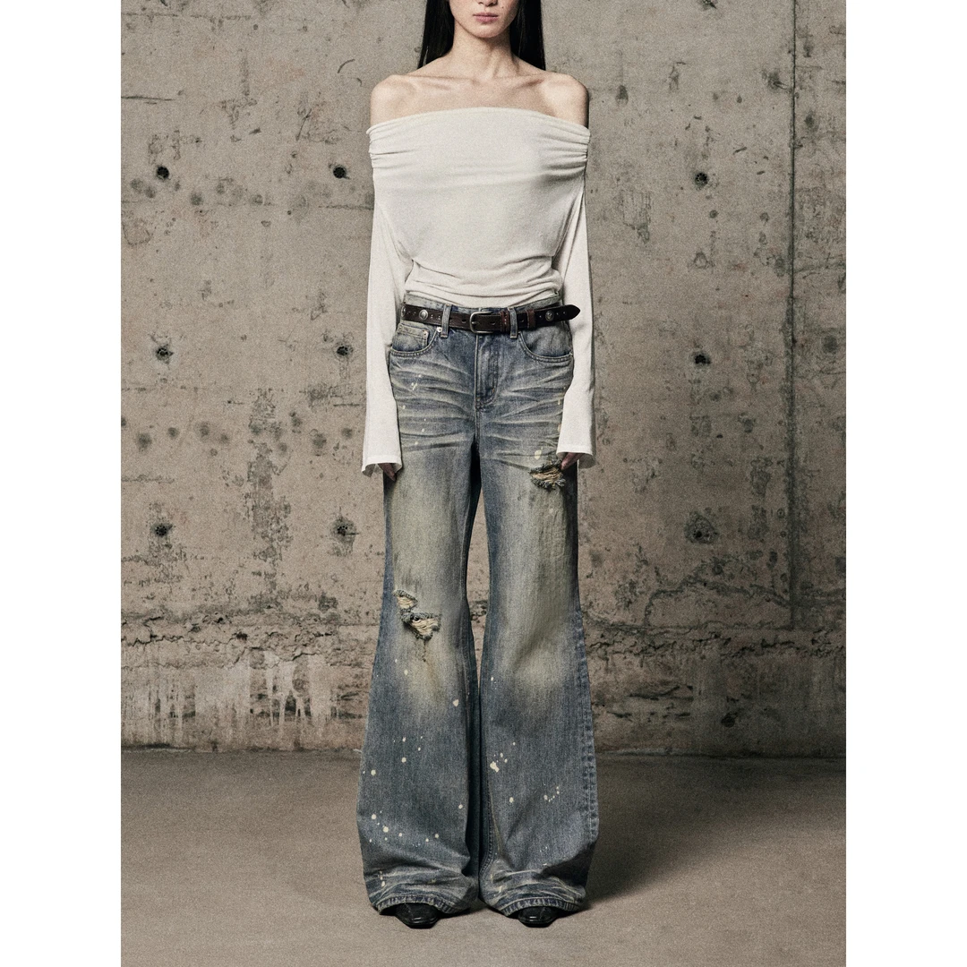 WEALTHIESTDDAY 2025春季新款复古水洗做旧破洞显瘦直筒牛仔裤女