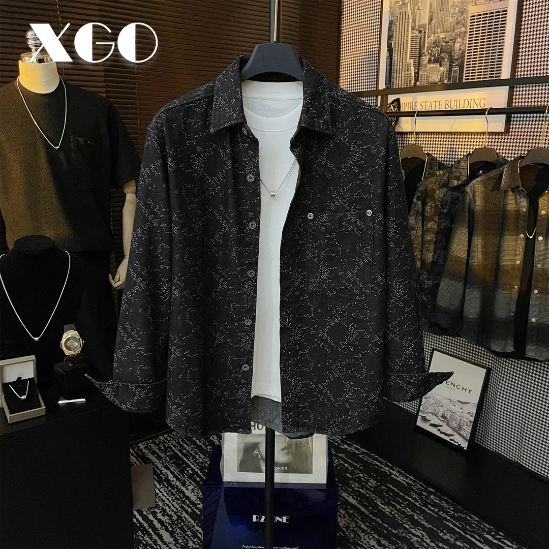 【XGORAD】个性原创牛仔潮流百搭几何图案做旧复古高级翻领衬衫外套