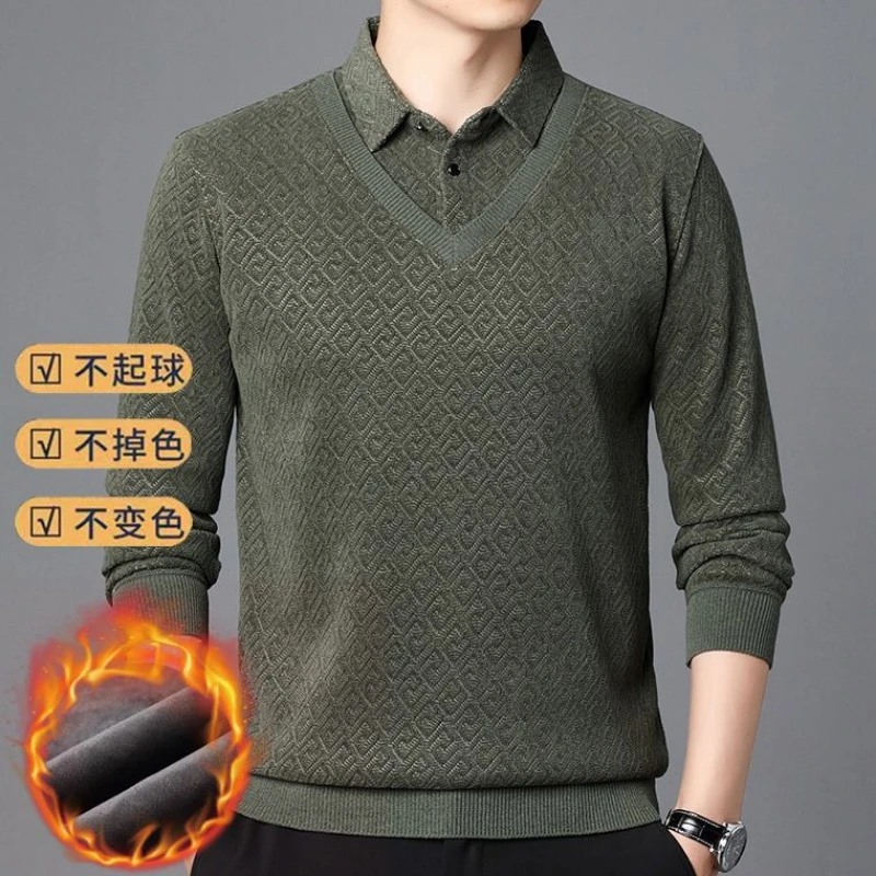 正品冬季爆款爸爸装翻领加绒假两件长袖中年商务休闲男打底衫上衣