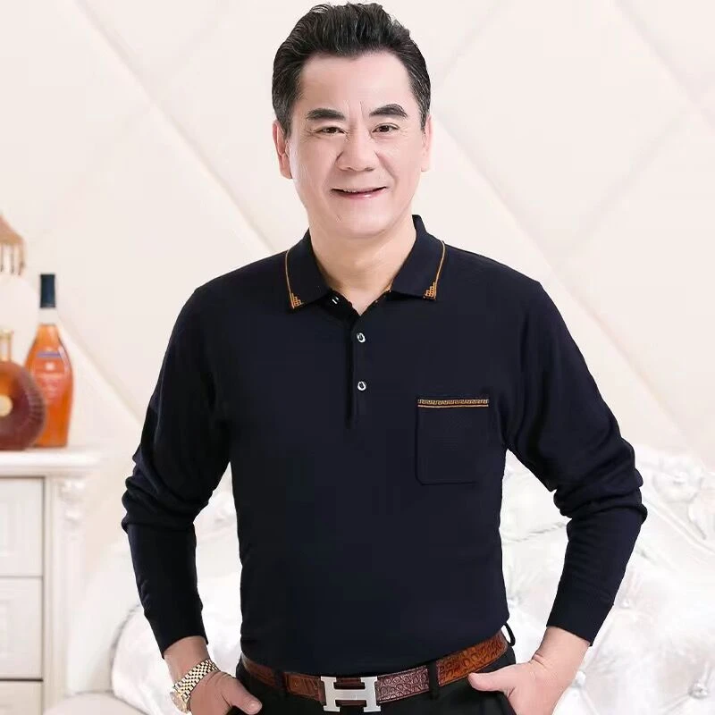 中老年男装秋装爸爸长袖T恤翻领40-50岁薄款中年男士宽松春秋上衣