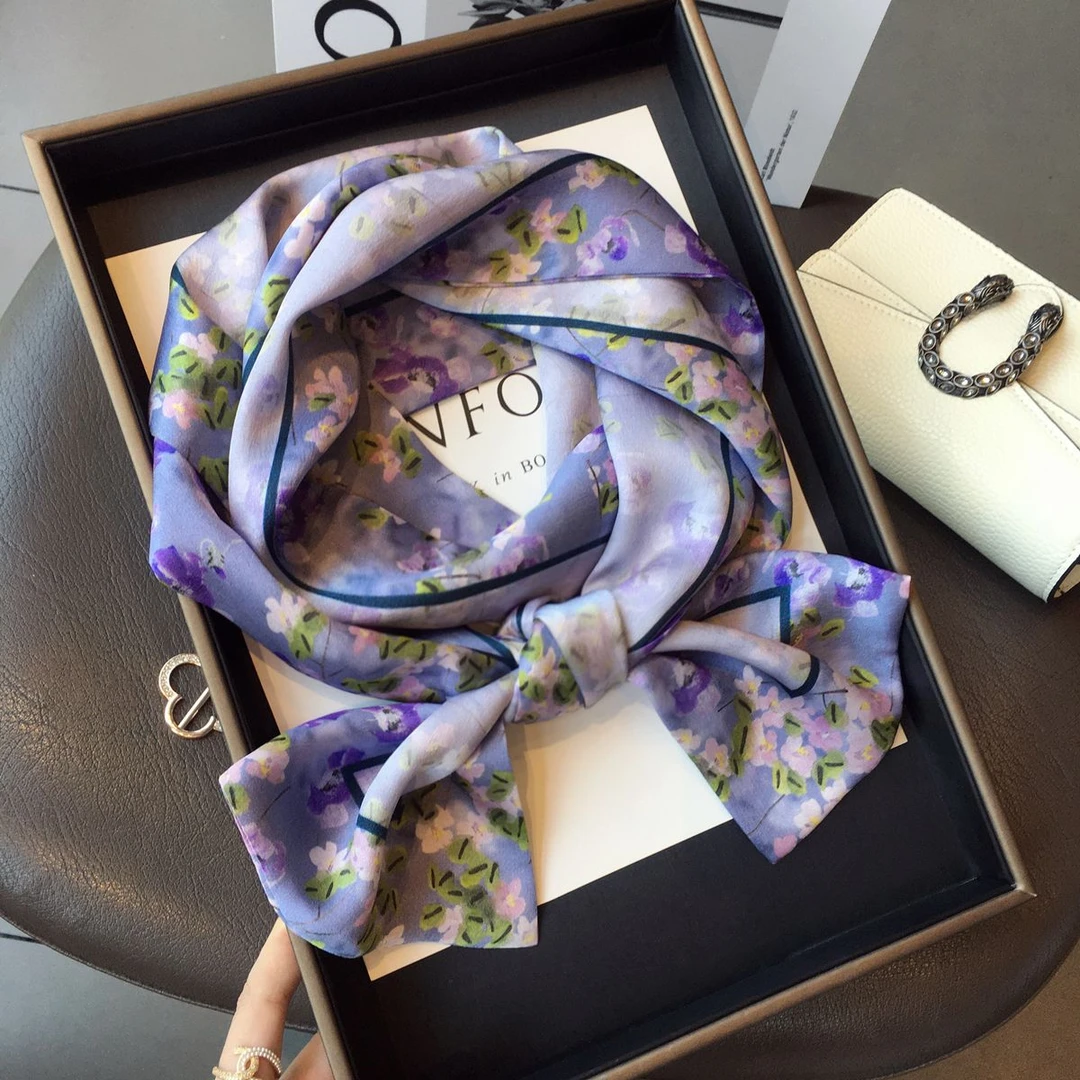 丝巾女高级仿真丝优雅紫罗兰长条双面双层韩版百搭装饰护颈领巾潮