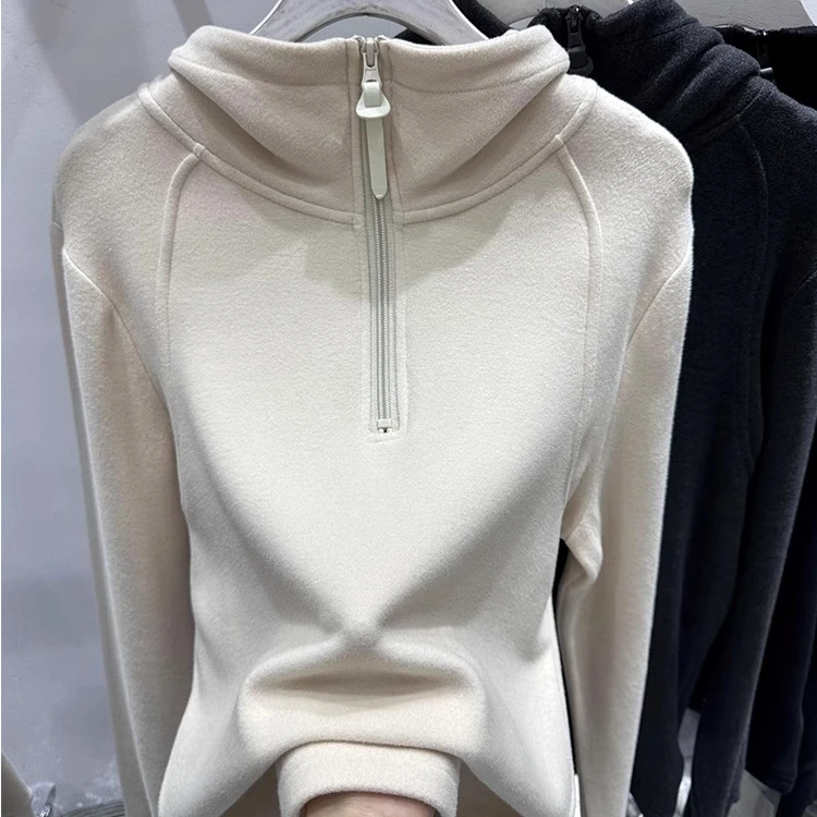 双面德绒连帽卫衣女2024秋冬新款半拉链设计感打底衫T恤上衣帽衫