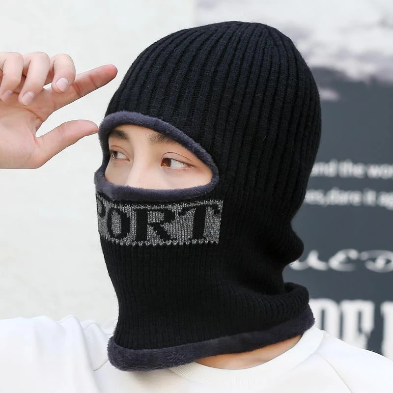 范哲萨冬季东北加绒保暖骑行帽男加厚护脸毛线帽子护颈套头连身