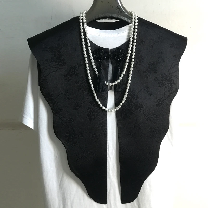 时尚新中式云肩假领子黑色盘扣流苏提花复古国风肩部装饰马甲披肩