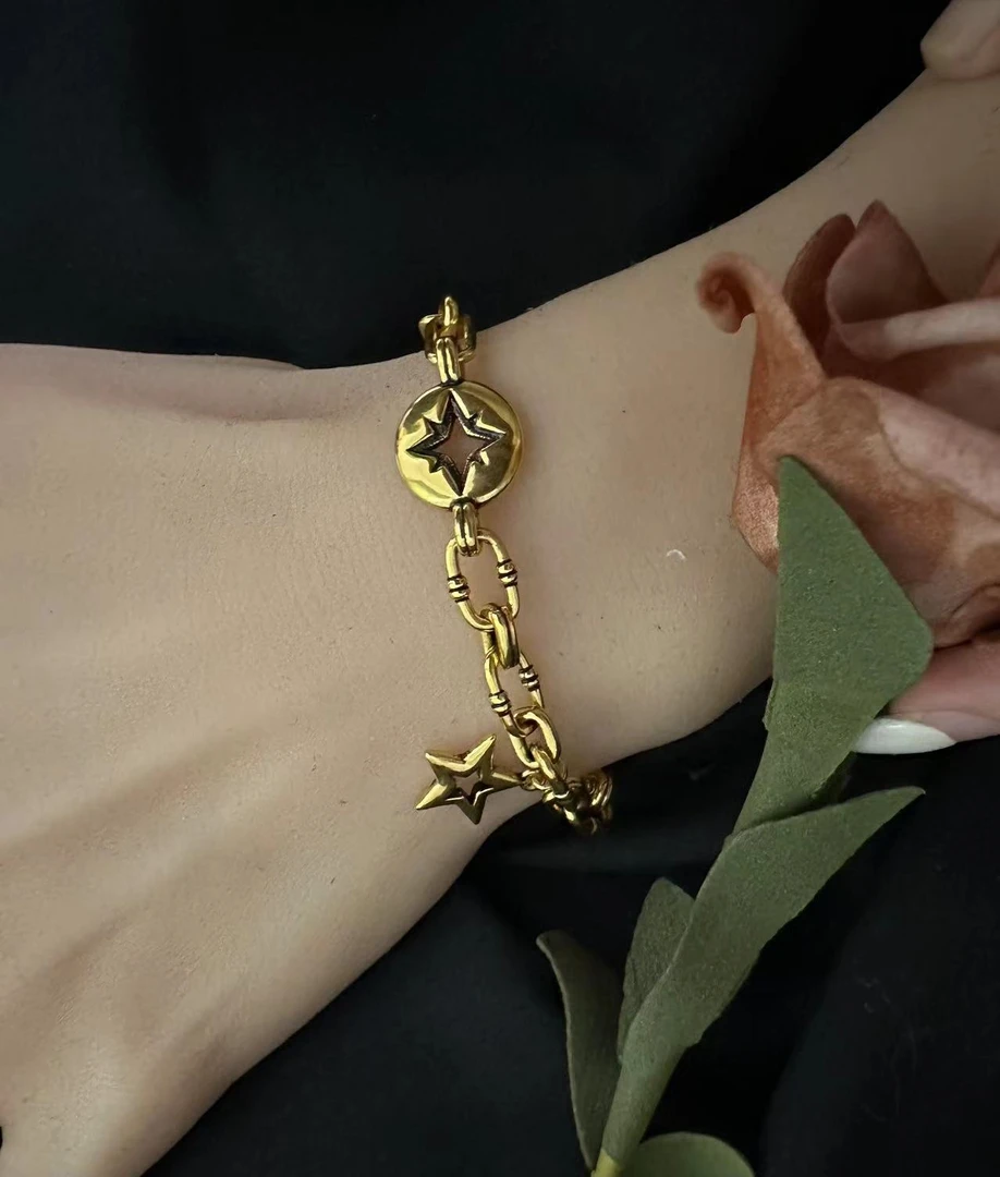 周帝王潮酷复古黄金星星百搭手工黑金素链手链简约男女通戴