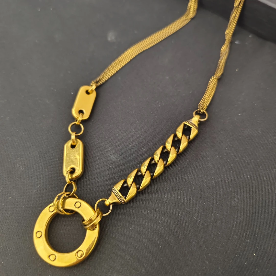 周帝王黄金足金精致复古设计黑金大O链ab款个性中古百搭黄金项链