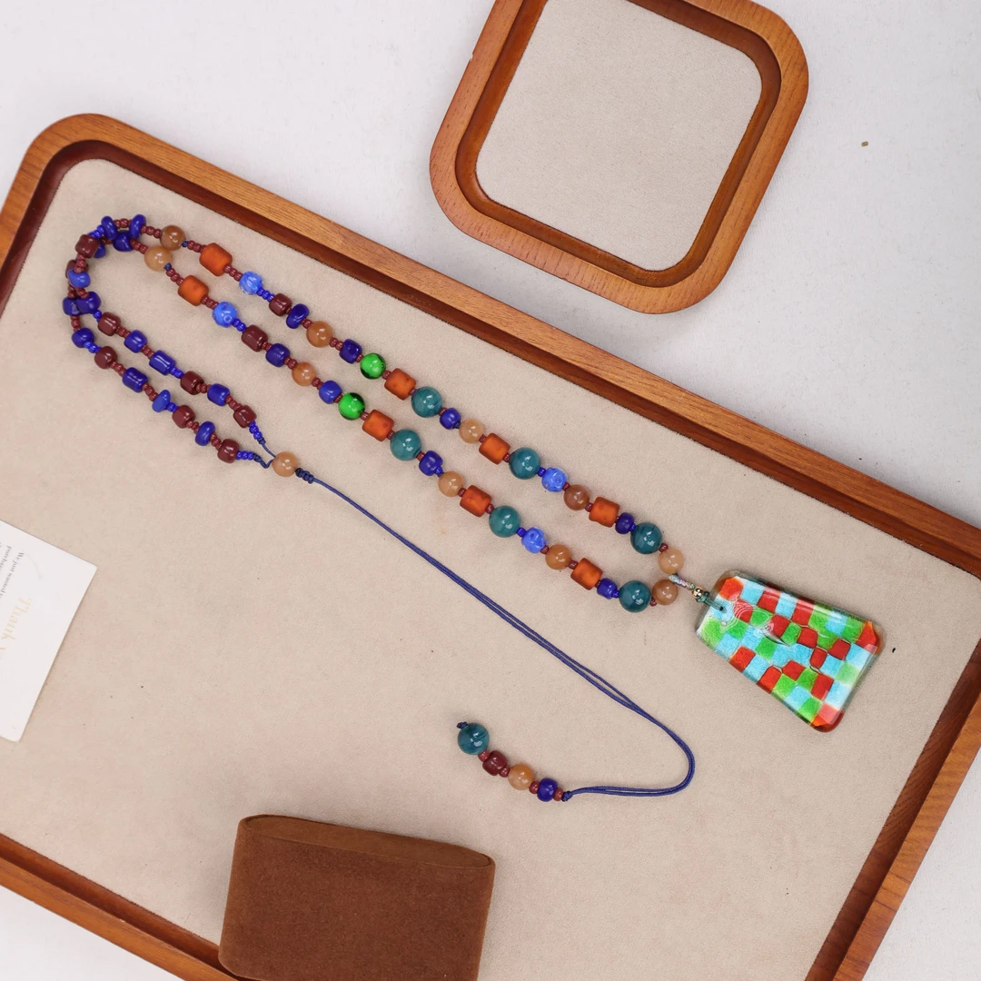 合金项链 LZ1653 彩色小米珠彩色几何吊牌绳编琉璃项链