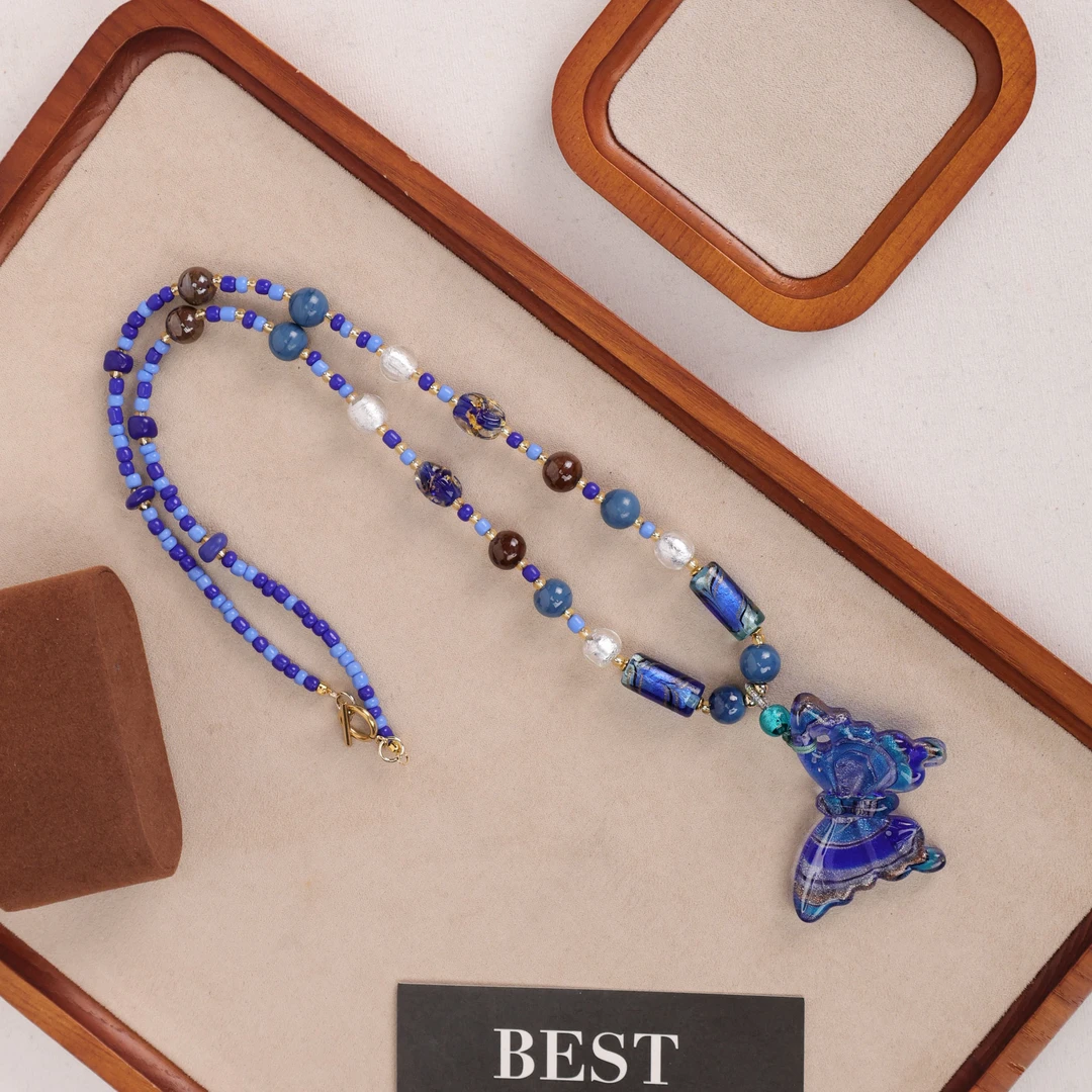 合金项链 LZ1883  蓝色蝴蝶吊牌蓝色银箔圆珠琉璃项链